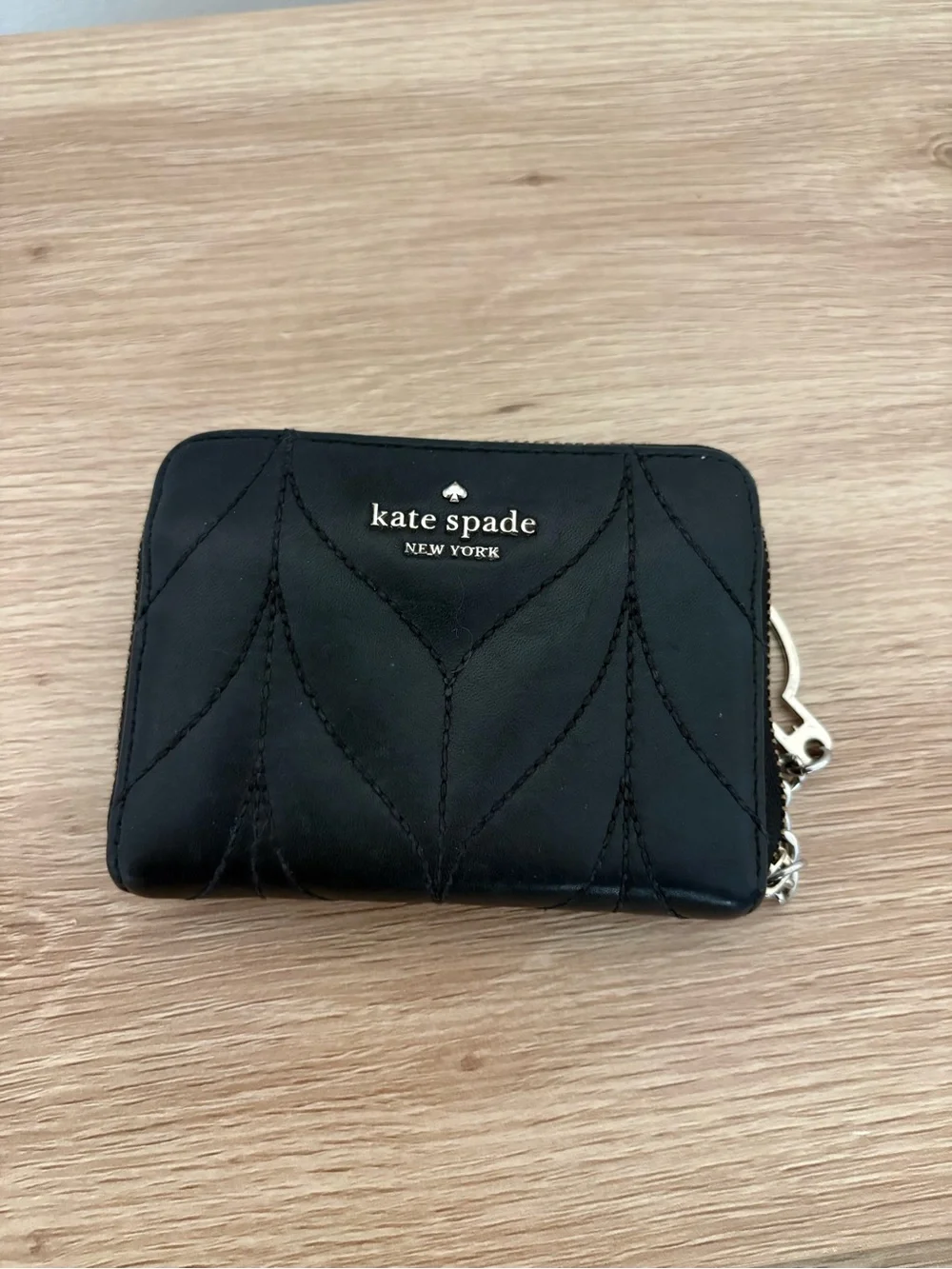 kate spade Black Quilted Leather Zip Card Wallet with Logo